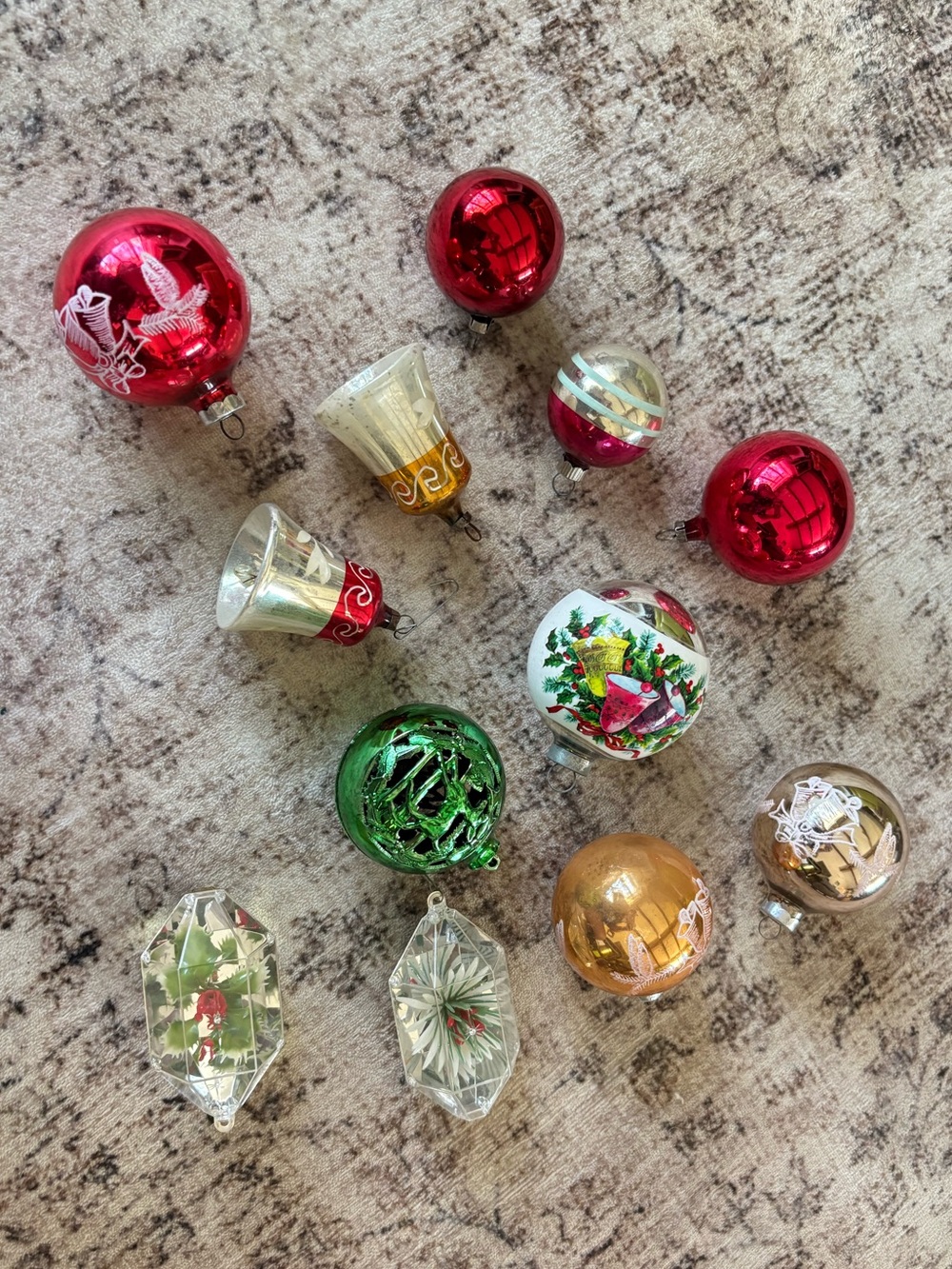 Vintage Glass Christmas Ornament Lot Shiny Brite Bells Indents Mica USA